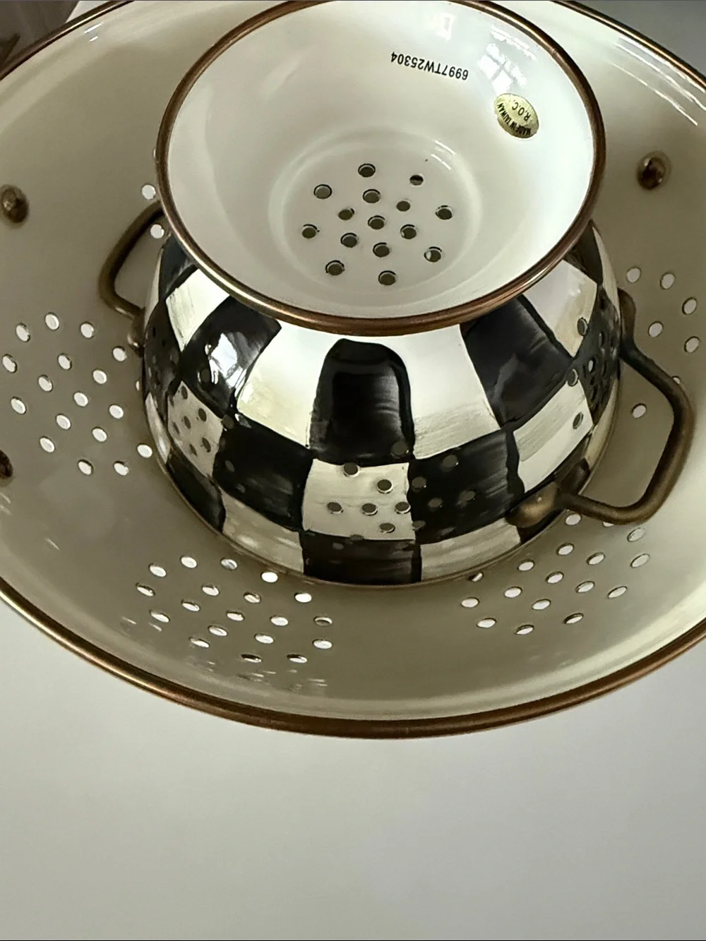 McKenzie Childs Enamel Colanders.Cream with Bronze Trim. Set of 2 Pieces Bk & Wh